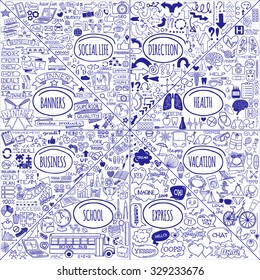 Mega set of doodle social, business, medicine, vacation and school icons, banners, arrows and speech bubbles. Hand drawn pen on notepaper effect. Infographics designer elements. Vector illustration.