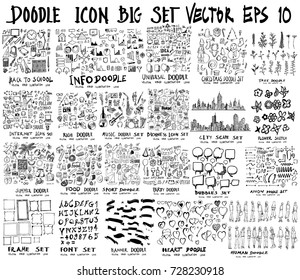 MEGA set of doodles of Back to school, Arrow ,Business, Social shopping elements, tree, Info, Internet, Universal, Party, Human, Creative, City scape, Sport, summer, Frame, Font, Banner, Heart, Music