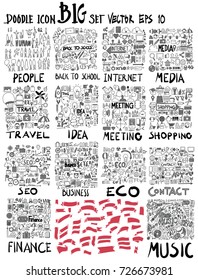 MEGA set of doodles. Super collection of people ,Business and finance, Social media shopping elements, Info, Internet, Creative, Travel, Banner ribbon, Music, Meeting, Contact, Eco universal set