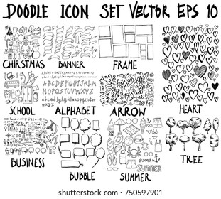 MEGA set of doodles. Super collection of christmas, banner, frame, school, font, arrow, business, speech, summer, love, tree, set