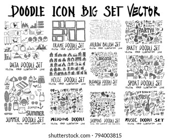 MEGA set of doodles vector. Collection of Data, Frame, Arrow, Party, Summer, House, Wedding, Business, Shopping, Sport,Music