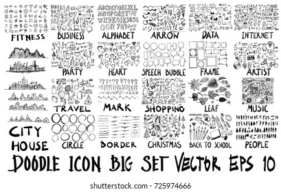 MEGA set of doodles vector. Super collection of fitness,business,font,arrow,info,city,party,travel,heart,bubble,frame,art,mark,shopping,leaf,border,christmas,school,human,music,internet universal set