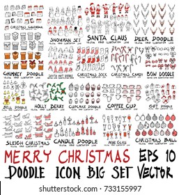 MEGA set of doodles vector. Super collection of Christmas Calendar, Snowman, Santa, Deer, Chimney, Santa Hat, Candy, Bow, Bell, Holly Berry, Coffee Cup, Gift, Sleigh, Wine Glass, Ball