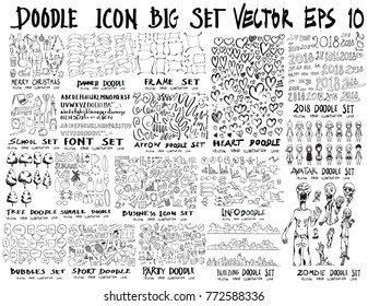 MEGA set of doodles vector. Super collection of christmas, ribbon, frame, heart, school, font, arrow, summer, tree, business, sport, party, info, shopping, bubble, city scape, avatar, zombie, new year