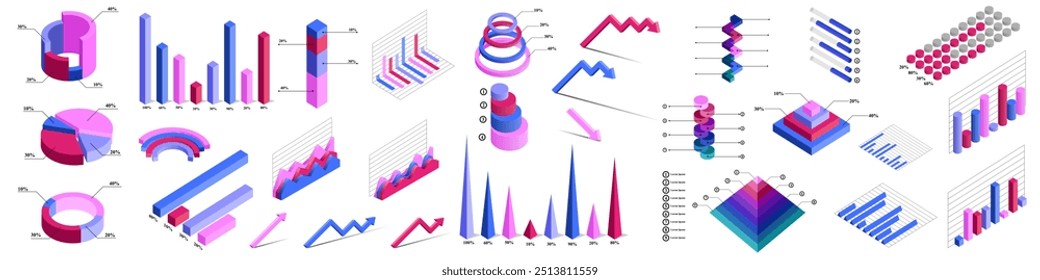 mega set of editable 3 dimension bar pie circular circle diagram infographics collection charts ,corporate report ,data presentation graphic UI, UX, KIT elements. annual statistics