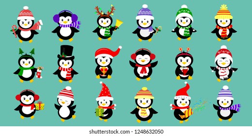 Mega set of eighteen cute characters of penguins in different hats and accessories. Celebrates New Year and Christmas. Cartoon style, vector.