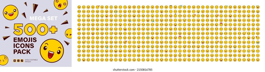 Mega set of emoticon smile icons. Over than 500 Cartoon emoji set. Kawaii cute faces. Manga style eyes and mouths Vector emoticon set