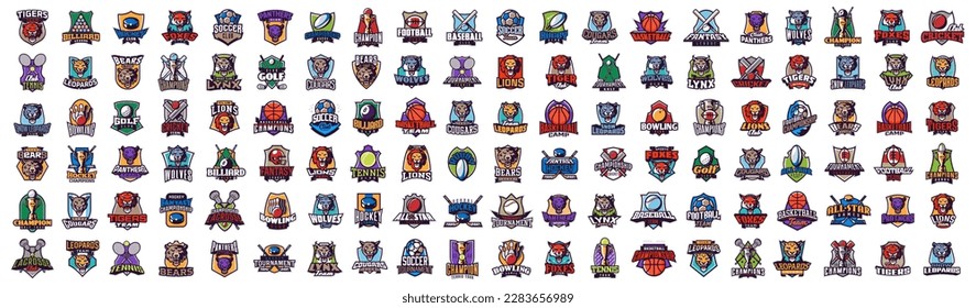 Mega set of esports and sports logos. Logo emblems for games and esports teams. Big collection of colorful wild cat and game icons. Isolated vector illustration on white background.