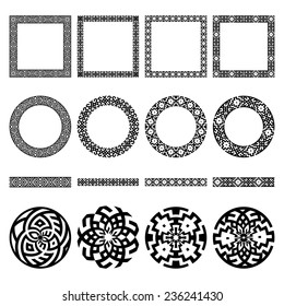 Mega set of ethnic design elements. Greek traditional symbolic border, round and square frames, signs in huge collection in black color on white. Vector illustration