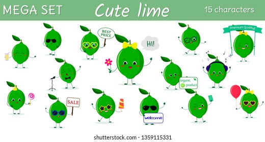 Mega set of fifteen cute kawaii lime characters in various poses and accessories in cartoon style. . Logo, template, design. Vector illustration, flat design.