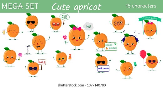 Mega set of fifteen cute kawaii ripe apricot characters in various poses and accessories in cartoon style. Vector illustration, flat design.