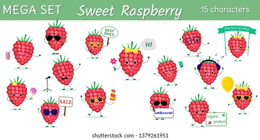 Mega set of fifteen cute kawaii berries raspberries characters in various poses and accessories in cartoon style. Vector illustration, flat design.