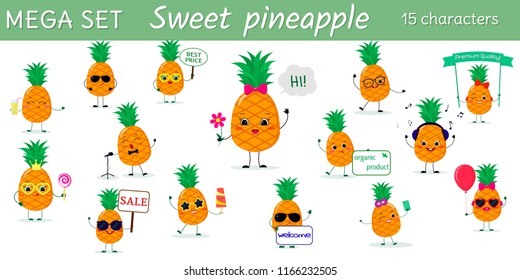 Mega set of fifteen pineapples character in different poses and accessories in cartoon style. Vector illustration, a flat design.