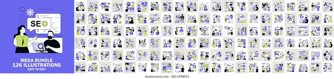 Mega set of flat concepts. Contains such business and finance, software development, marketing, education, medicine, SEO, shopping, startup, social media and more. Bundle vector illustrations.
