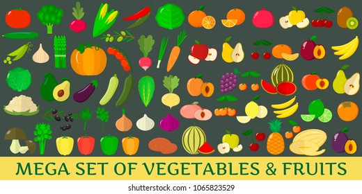 Mega set of fresh vegetables and fruits illustrations on a dark background.