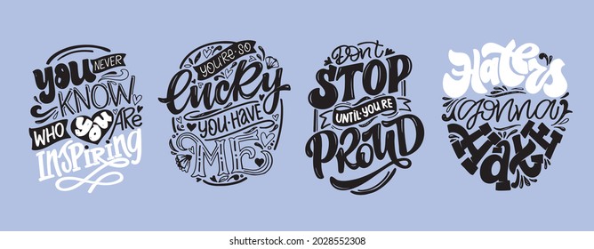 Mega set. Citas de letras divertidas para el diseño de blogs, afiches e impresos. Textos modernos de caligrafía sobre la vida. Ilustración del vector