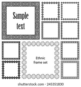 Mega set of geometric frames in black color isolated on white background. Collection of ten square with ethnic borders. For your design, text or photo. Vector illustration. 