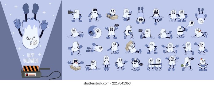 Mega set of ghosts in retro comic cartoon stule. Cute comic gloved hands characters in Contemporary style. Doodle comic characters for autumn holiday of the halloween.