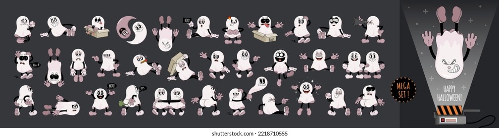 Mega set of ghosts in retro comic cartoon stule. Cute comic gloved hands characters in Contemporary style. Doodle comic characters for autumn holiday of the halloween.