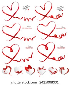 Mega set of gift cards with red ribbons shaped hearts. Valentine's day holiday card. Mother's day holiday card. Vector illustration. 