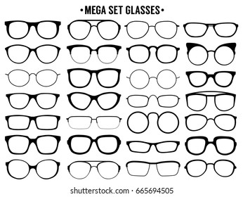 Mega set of glasses. Vector illustration on white background. Glasses model icons frames. Silhouettes icon. 