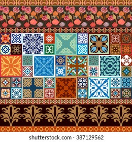 Mega set of glazed ceramic tiles with seamless rose pattern and damask borders. Vintage French and Italian motifs. Geometric ornaments, fantasy flowers. Terracotta collection. Dark brown, red, blue.