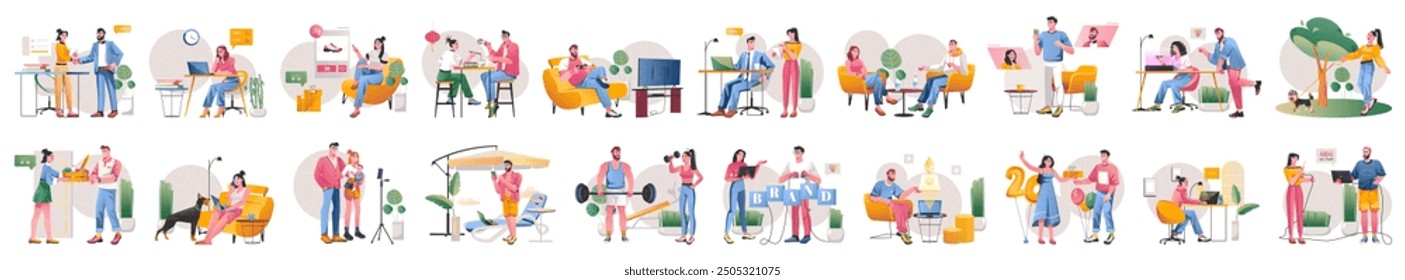 Mega set of gradient concepts with people scene in flat cartoon design. Different topics are depicted in this collection in a beautiful color palette. Vector illustration.