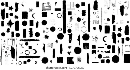 Mega set of Grunge elements  . Vector brush Stroke . Distressed banner . Large Black isolated paintbrush collection . Modern Textured shape . Dry border in Black . Bulge lines