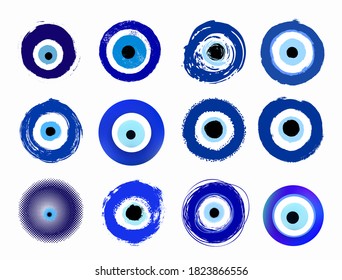 Mega set of grunge hand drawn Turkish evil eye. Mandala greek evil eye. Symbol of protection in Greece, Cyprus. Amulet from evil eye. Vector blue Turkish fatima's eye. Magic item, attribute.