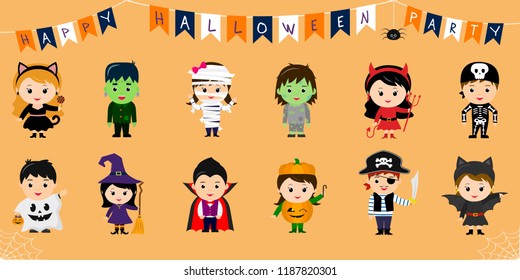 Mega set of Halloween party characters. Twelve cute children in different costumes for Halloween isolated on an orange background. Cartoon, flat, vector.