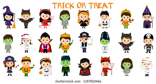 Mega set of Halloween party characters. Twenty four children in different costumes for Halloween on a white background . Cartoon, flat, vector.