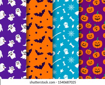 Mega set of halloween seamless pattern backgrounds. Collection of seamless patterns. Endless texture for wallpaper, web page background, wrapping paper and etc. Pumpkins, bats, candy and ghost.