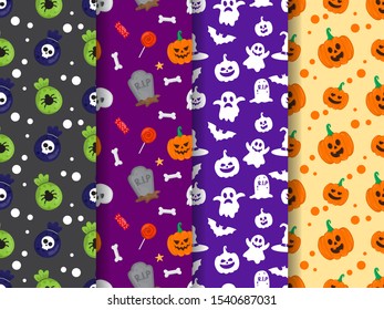 Mega set of halloween seamless pattern backgrounds. Collection of seamless patterns. Endless texture for wallpaper, web page background, wrapping paper and etc. Pumpkins, bats, candy and ghost.