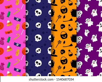Mega set of halloween seamless pattern backgrounds. Collection of seamless patterns. Endless texture for wallpaper, web page background, wrapping paper and etc. Pumpkins, bats, candy and ghost.