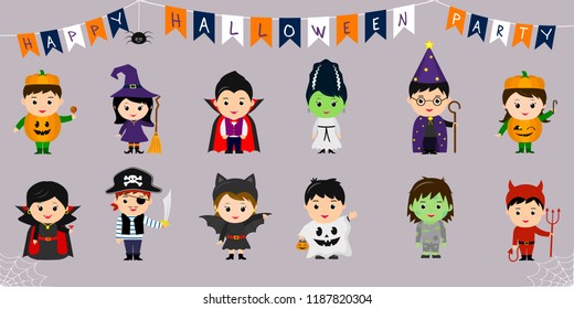 Mega set of Halloween symbols. Twelve pretty children in different costumes for Halloween isolated on a blue background. Cartoon, flat, vector.