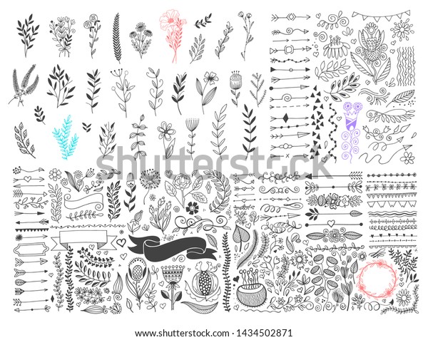 mega\
set of hand drawing page dividers borders and arrow, doodle floral\
design elements, vector illustration big\
collection