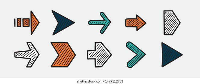 Mega set hand drawn arrow icons. Right, next directional pointers. Vector doodle arrow buttons