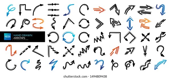 Mega conjunto de iconos de flecha dibujados a mano. Arroja elementos de diseño de garabatos, ilustración vectorial. Estilo retro del dibujo de líneas. Vector de grifo.