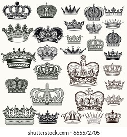 Mega set of hand drawn crowns in vintage engraved style