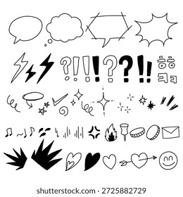 Mega conjunto de elementos de doodle desenhados à mão. Coleção vetorial de bolhas de fala, relâmpagos, corações, brilhos e símbolos cômicos em estilo de esboço.
