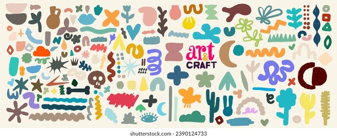 Mega set hand drawn naive, bizarre colorful geometric shapes and forms. Modern template contemporary figures, various organic shapes, doodle objects, graphic elements. Vector abstract illustrations.