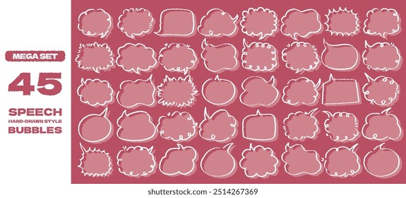 Mega set of hand drawn style cute memo sticker pink background. Variety abstract shapes of white speech bubble. Crayon draw style frame . Chat box balloon cloud. Retro blank label tag vector for text