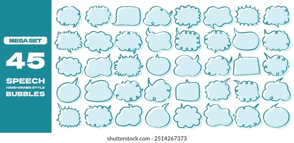 Mega conjunto de mão desenhado estilo adesivo memorando bonito. Variedade de formas abstratas de bolha de fala azul. Moldura de menina com desenho de giz de cera. Nuvem de balão de caixa de chat. Vetor de coleção de etiquetas de etiqueta retro doce para texto