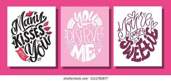 Mega set. Happy Valenti's Day - lettering postcard. Love you, Kiss you - lettering label for t-shirt design. Love backgrounf pattern.