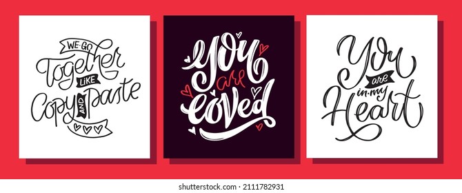 Mega set. Happy Valenti's Day - lettering postcard. Love you, Kiss you - lettering label for t-shirt design. Love backgrounf pattern.