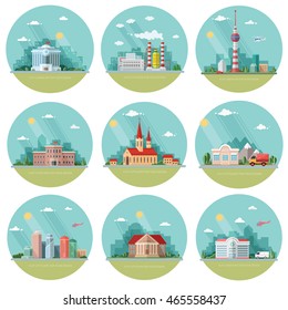 Mega Set of icons for your design. School, Town Hall, university, hospital, church, TV, city, factory, supermarket. Flat style vector illustration.