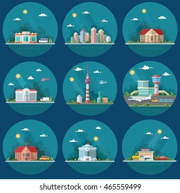 Mega Set of icons for your design. School, Town Hall, the university, hospital, church, TV, city, museum, supermarket, areoport, car wash. Flat style vector illustration.