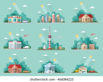 Mega Set of icons for your design. School, Town Hall, the university, hospital, church, TV, city, museum, supermarket, car wash, Bank. Flat style vector illustration.