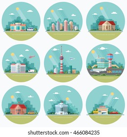 Mega Set of icons for your design. School, Town Hall, the university, hospital, church, TV, city, museum, supermarket, areoport, car wash. Flat style vector illustration.