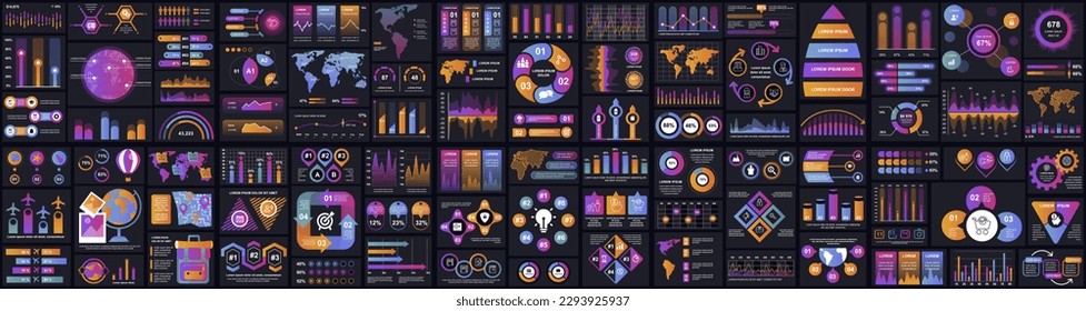 Mega set of infographic elements data visualization vector design template. Can be used for steps, options, business process, workflow, diagram, flowchart, timeline, marketing. Bundle info graphics.